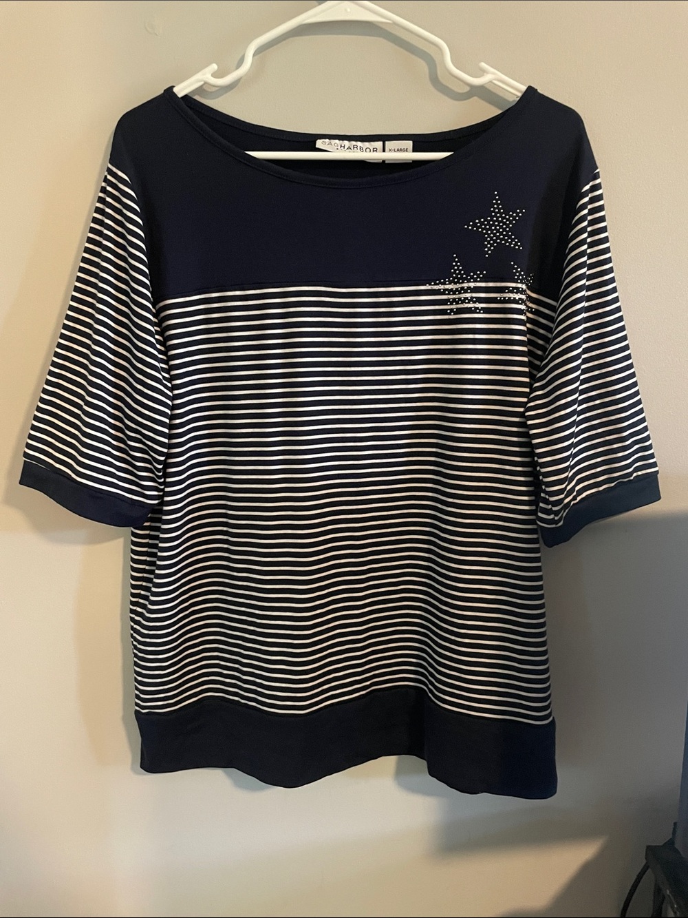 Sag Harbor Navy and White Striped Short-Sleeve Top with Star Stud Detail